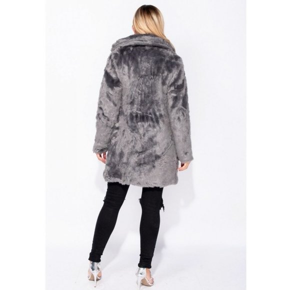 Gray Faux Fur Long Sleeve Collared Midi Coat - Picture 6 of 15